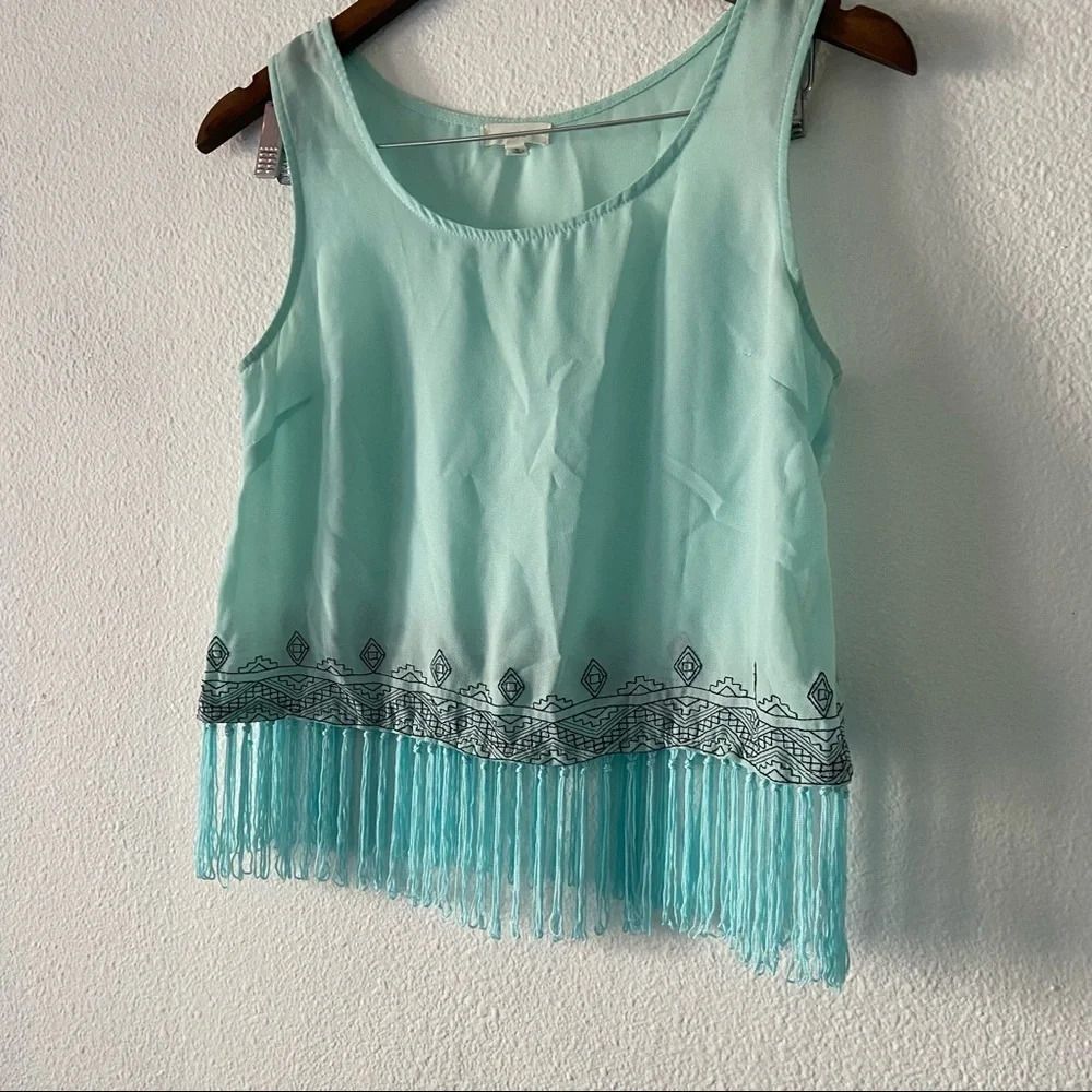 Western Fringe Tank Boho Crop Pastel Blue Tassel Top Mint Blue Size Small Summer - Picture 2 of 8